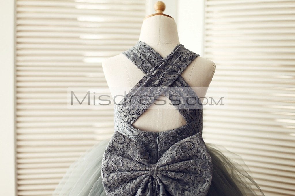 Backless Gray Lace Tulle Flower Girl Dress with Big Bow - Flower Girl Dresses