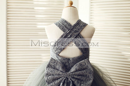 Backless Gray Lace Tulle Flower Girl Dress with Big Bow - Flower Girl Dresses