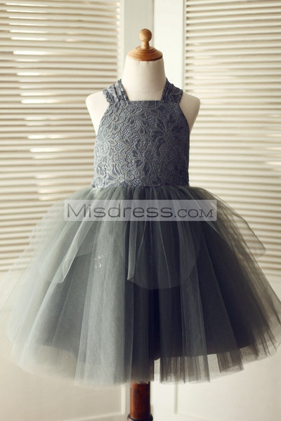 Backless Gray Lace Tulle Flower Girl Dress with Big Bow - Flower Girl Dresses