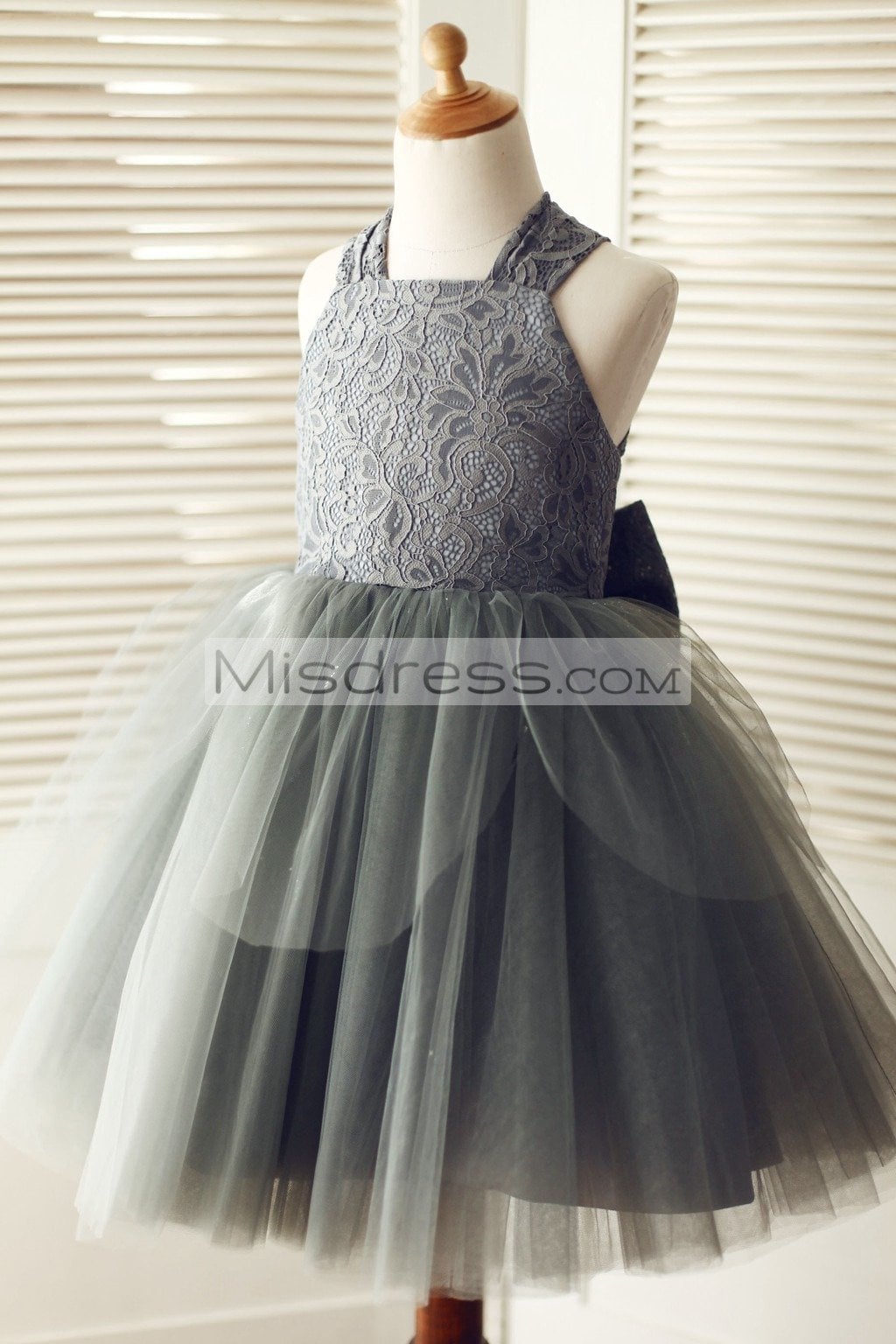 Backless Gray Lace Tulle Flower Girl Dress with Big Bow - Flower Girl Dresses