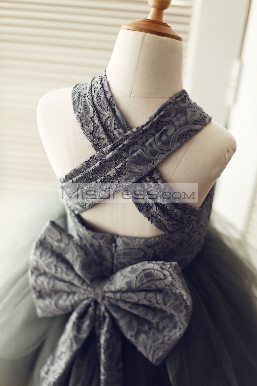 Backless Gray Lace Tulle Flower Girl Dress with Big Bow - Flower Girl Dresses