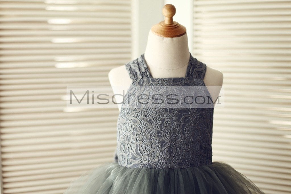 Backless Gray Lace Tulle Flower Girl Dress with Big Bow - Flower Girl Dresses