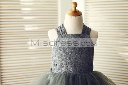 Backless Gray Lace Tulle Flower Girl Dress with Big Bow - Flower Girl Dresses