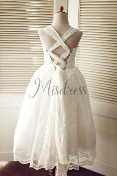 Backless Ivory Lace Wedding Flower Girl Dress - Flower Girl Dresses