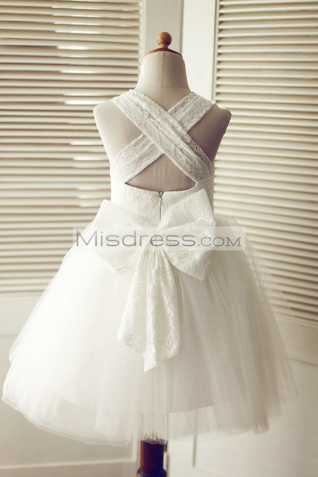 Backless Ivory Lace Tulle Wedding Flower Girl Dress with Big Bow - Flower Girl Dresses