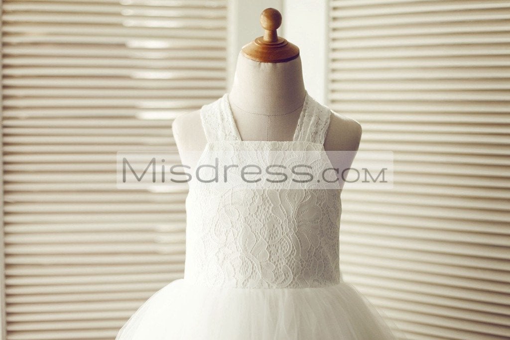 Backless Ivory Lace Tulle Wedding Flower Girl Dress with Big Bow - Flower Girl Dresses