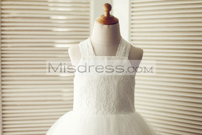 Backless Ivory Lace Tulle Wedding Flower Girl Dress with Big Bow - Flower Girl Dresses