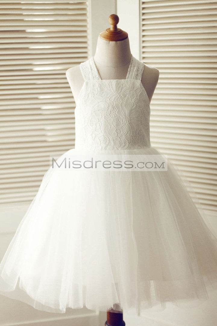Backless Ivory Lace Tulle Wedding Flower Girl Dress with Big Bow - Flower Girl Dresses