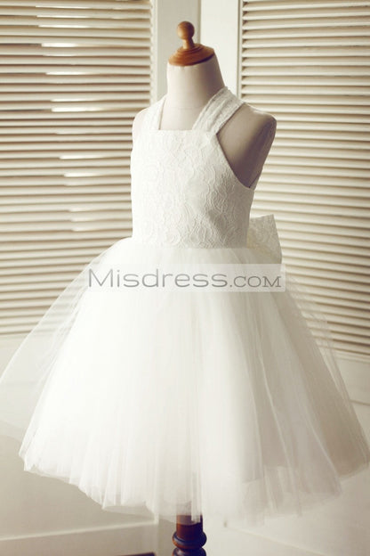 Backless Ivory Lace Tulle Wedding Flower Girl Dress with Big Bow - Flower Girl Dresses
