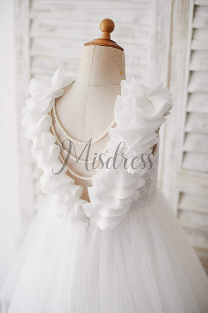 Backless Lace Tulle Wedding Flower Girl Dress with Pearls - Flower Girl Dresses