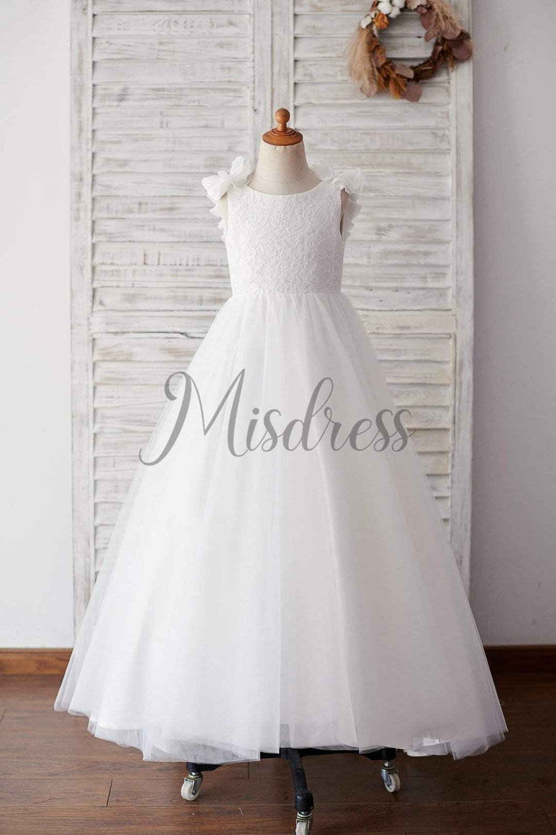 White Flower Girl Dress - Lace Off-Shoulder Pageant Ball Gown Size 6