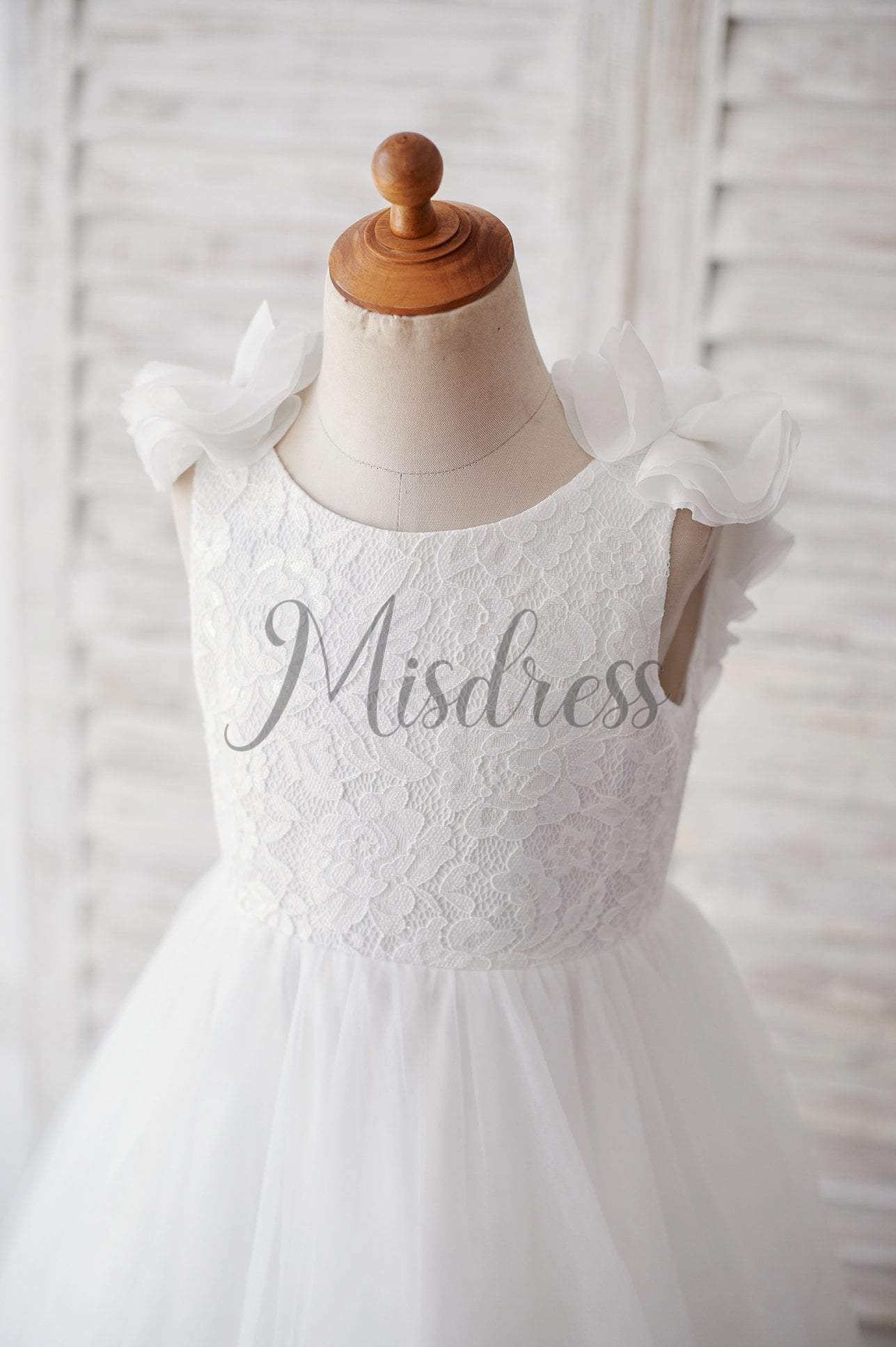 Backless Lace Tulle Wedding Flower Girl Dress with Pearls - Flower Girl Dresses