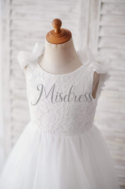 Backless Lace Tulle Wedding Flower Girl Dress with Pearls - Flower Girl Dresses