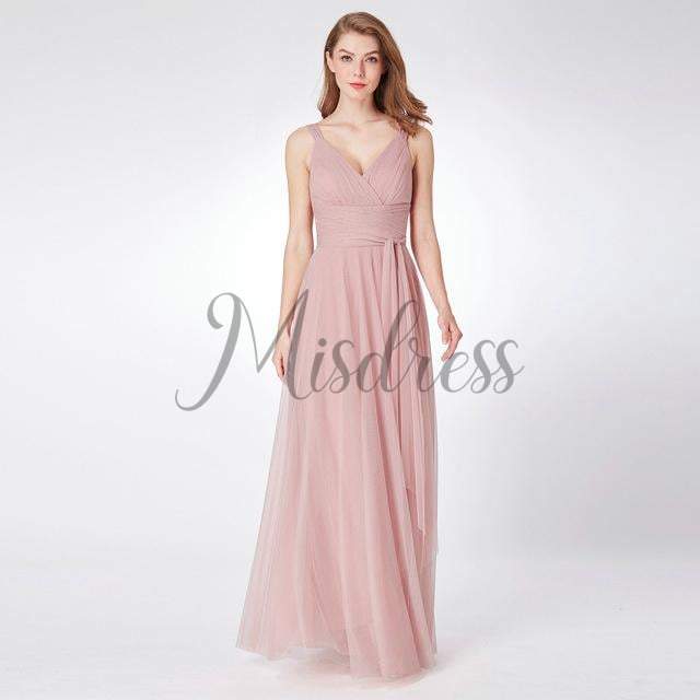Backless V neck Tulle Evening Party Dress - 2 / Blush Pink - Prom Dresses