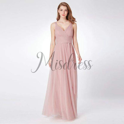 Backless V neck Tulle Evening Party Dress - 2 / Blush Pink - Prom Dresses