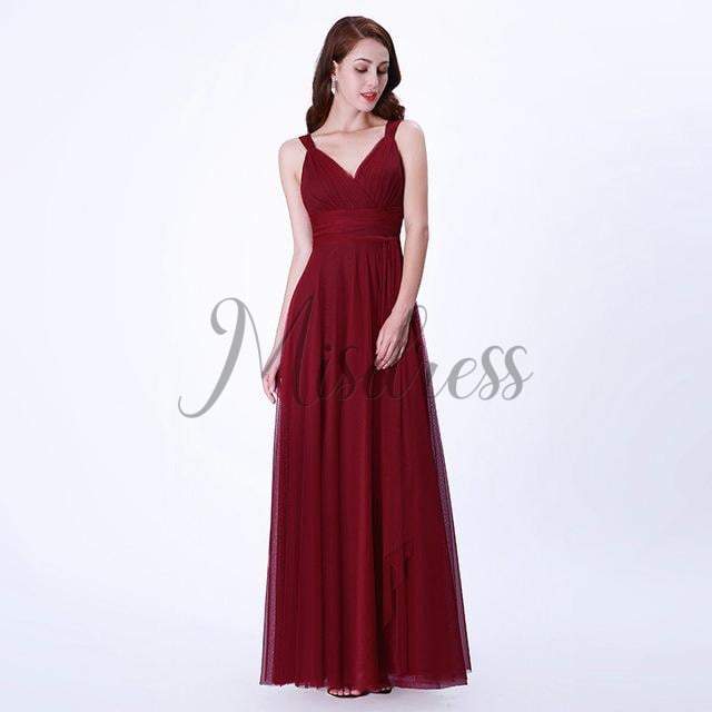 Backless V neck Tulle Evening Party Dress - 2 / Burgundy - Prom Dresses