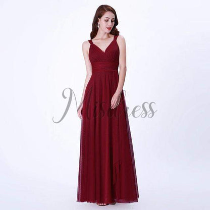 Backless V neck Tulle Evening Party Dress - 2 / Burgundy - Prom Dresses