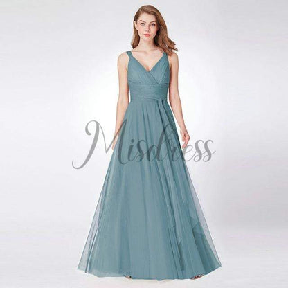 Backless V neck Tulle Evening Party Dress - 2 / Dusty Blue - Prom Dresses