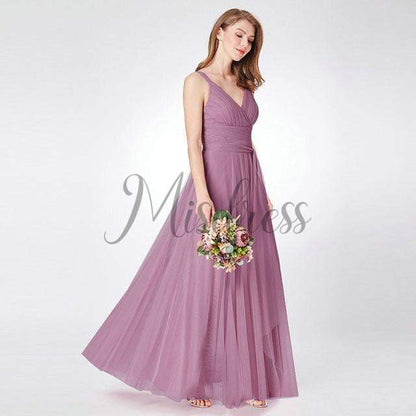 Backless V neck Tulle Evening Party Dress - 2 / Dusty Pink - Prom Dresses