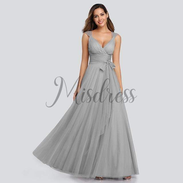 Backless V neck Tulle Evening Party Dress - 2 / Grey - Prom Dresses