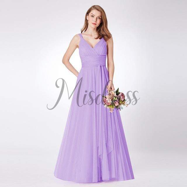Backless V neck Tulle Evening Party Dress - 2 / Lavender - Prom Dresses