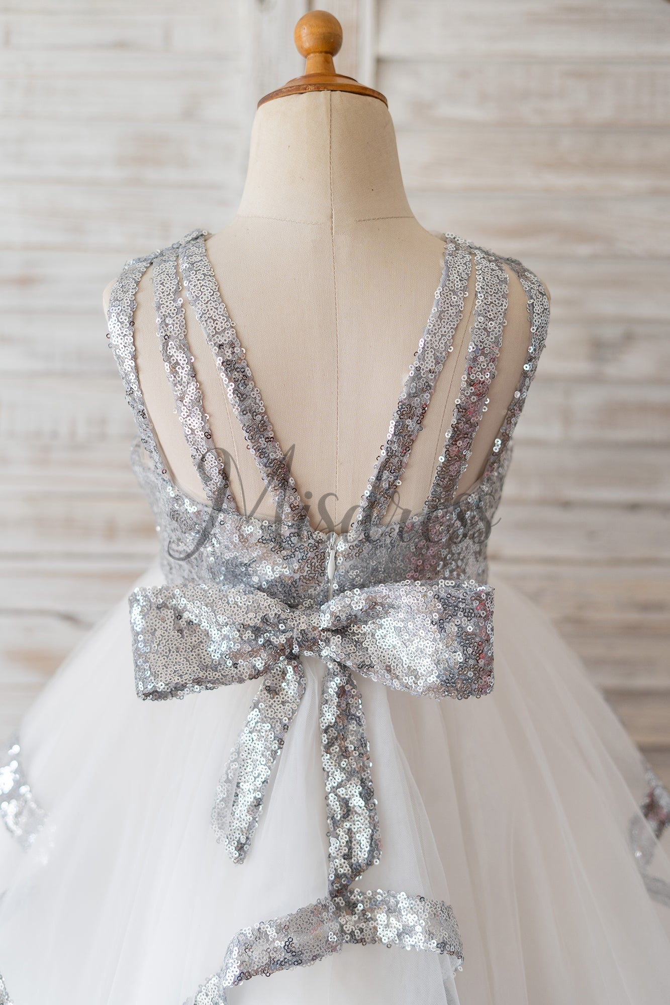 Princess Backless Silver Sequin Tulle Wedding Flower Girl Dress Kids Birthday Party