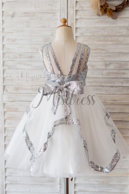 Princess Backless Silver Sequin Tulle Wedding Flower Girl Dress Kids Birthday Party