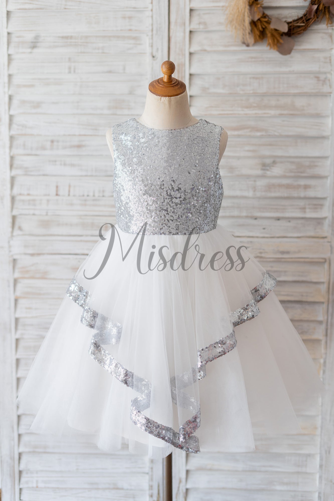 Princess Backless Silver Sequin Tulle Wedding Flower Girl Dress Kids Birthday Party