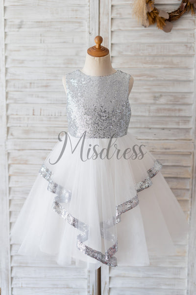 Princess Backless Silver Sequin Tulle Wedding Flower Girl Dress Kids Birthday Party