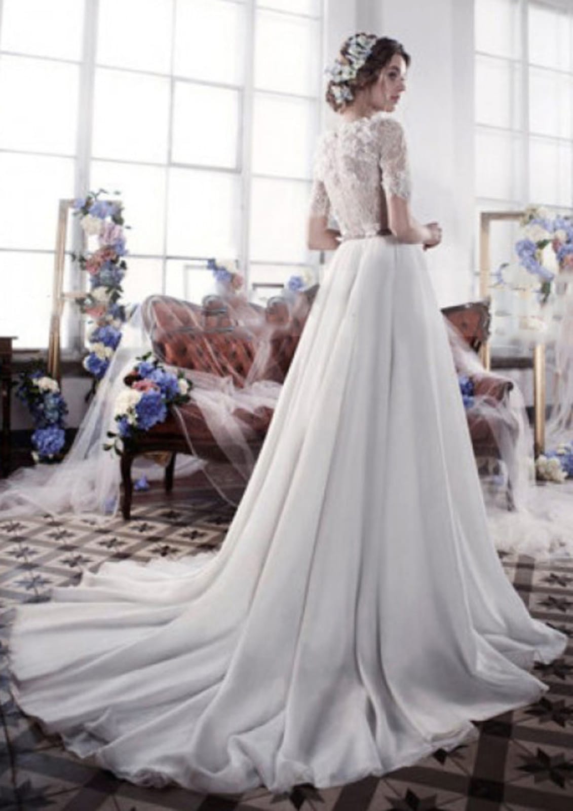 Princess Bateau Lace Chiffon 3D Flowers Bridal Gown Wedding 