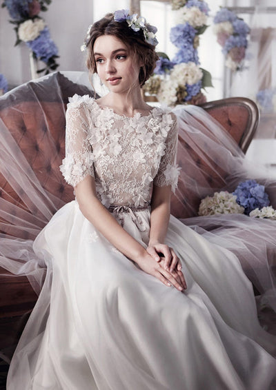 Princess Bateau Lace Chiffon 3D Flowers Bridal Gown Wedding 