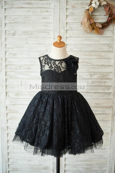 Black Lace Tulle V Open Back Wedding Flower Girl Dress with Flower - Flower Girl Dresses