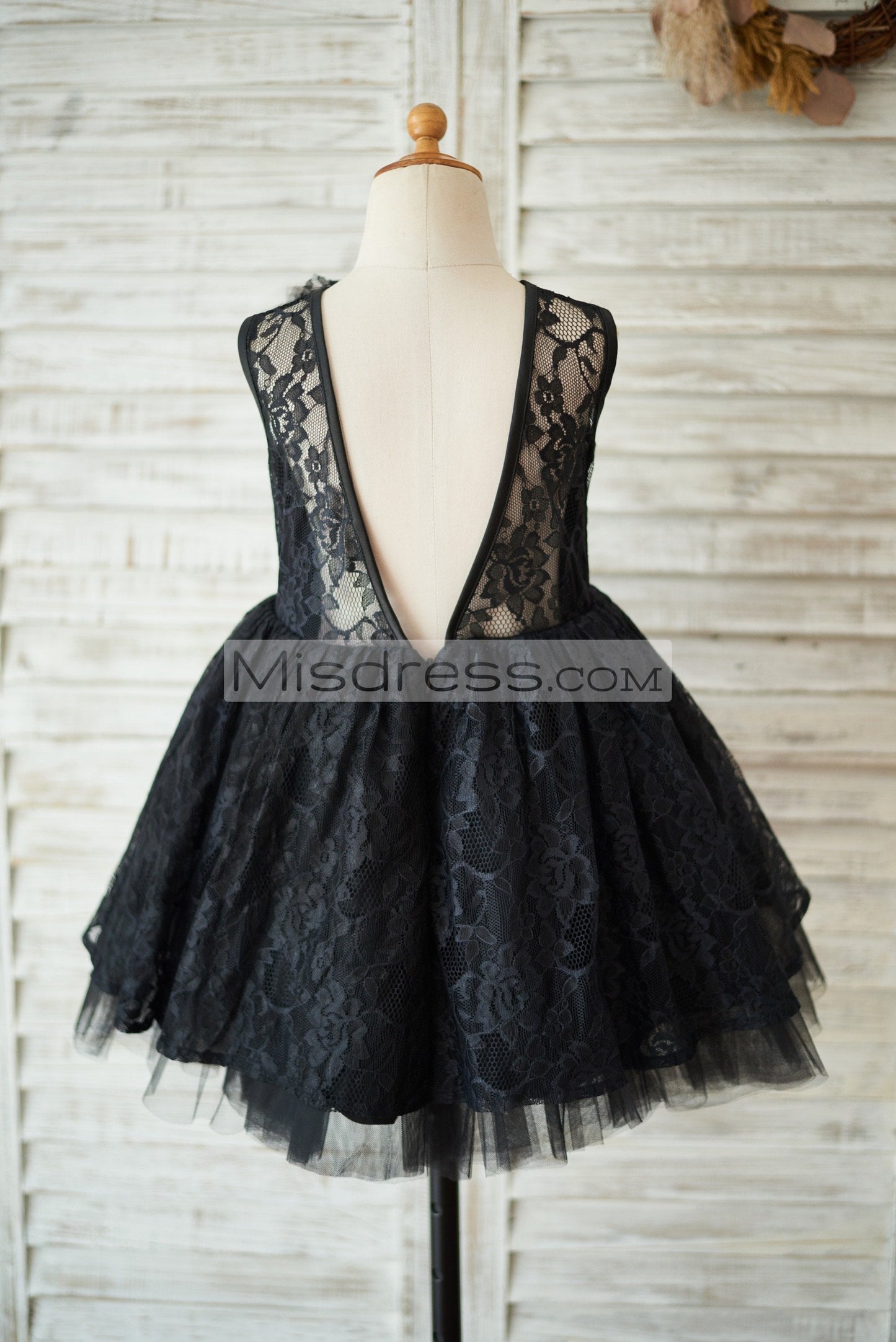 Black Lace Tulle V Open Back Wedding Flower Girl Dress with Flower - Flower Girl Dresses