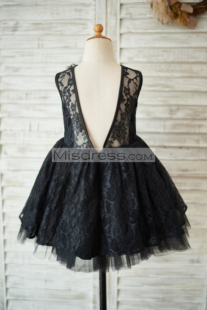 Black Lace Tulle V Open Back Wedding Flower Girl Dress with Flower - Flower Girl Dresses