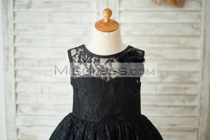 Black Lace Tulle V Open Back Wedding Flower Girl Dress with Flower - Flower Girl Dresses