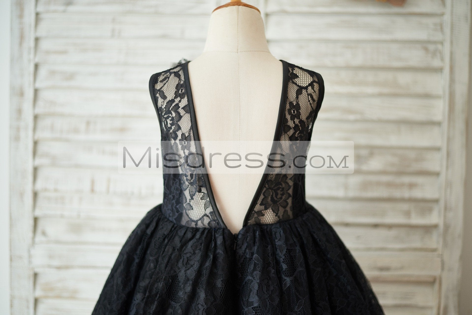 Black Lace Tulle V Open Back Wedding Flower Girl Dress with Flower - Flower Girl Dresses
