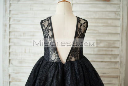 Black Lace Tulle V Open Back Wedding Flower Girl Dress with Flower - Flower Girl Dresses