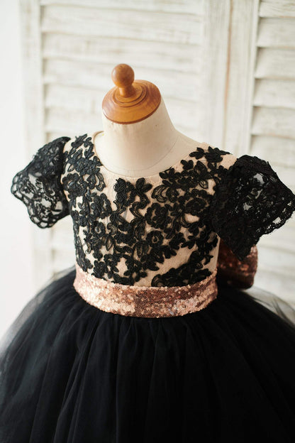 Black Lace Tulle Short Sleeves Wedding Flower Girl Dress With Sequin Bow - Flower Girl Dresses