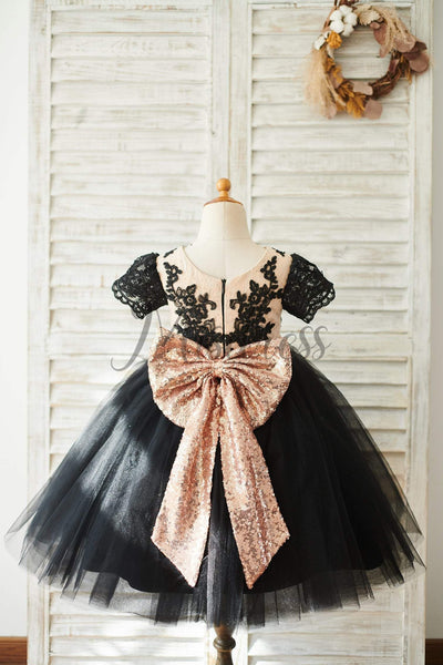 Black Lace Tulle Short Sleeves Wedding Flower Girl Dress With Sequin Bow - Flower Girl Dresses