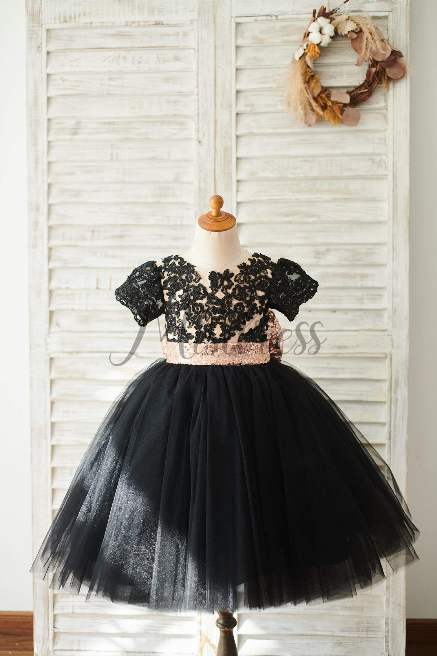Princess Black Lace Tulle Short Sleeves Wedding Flower Girl Dress, Sequin Bow 10T --- Chest = 29 inches/Waist = 28 inches/ Hollow to knee = 30.5