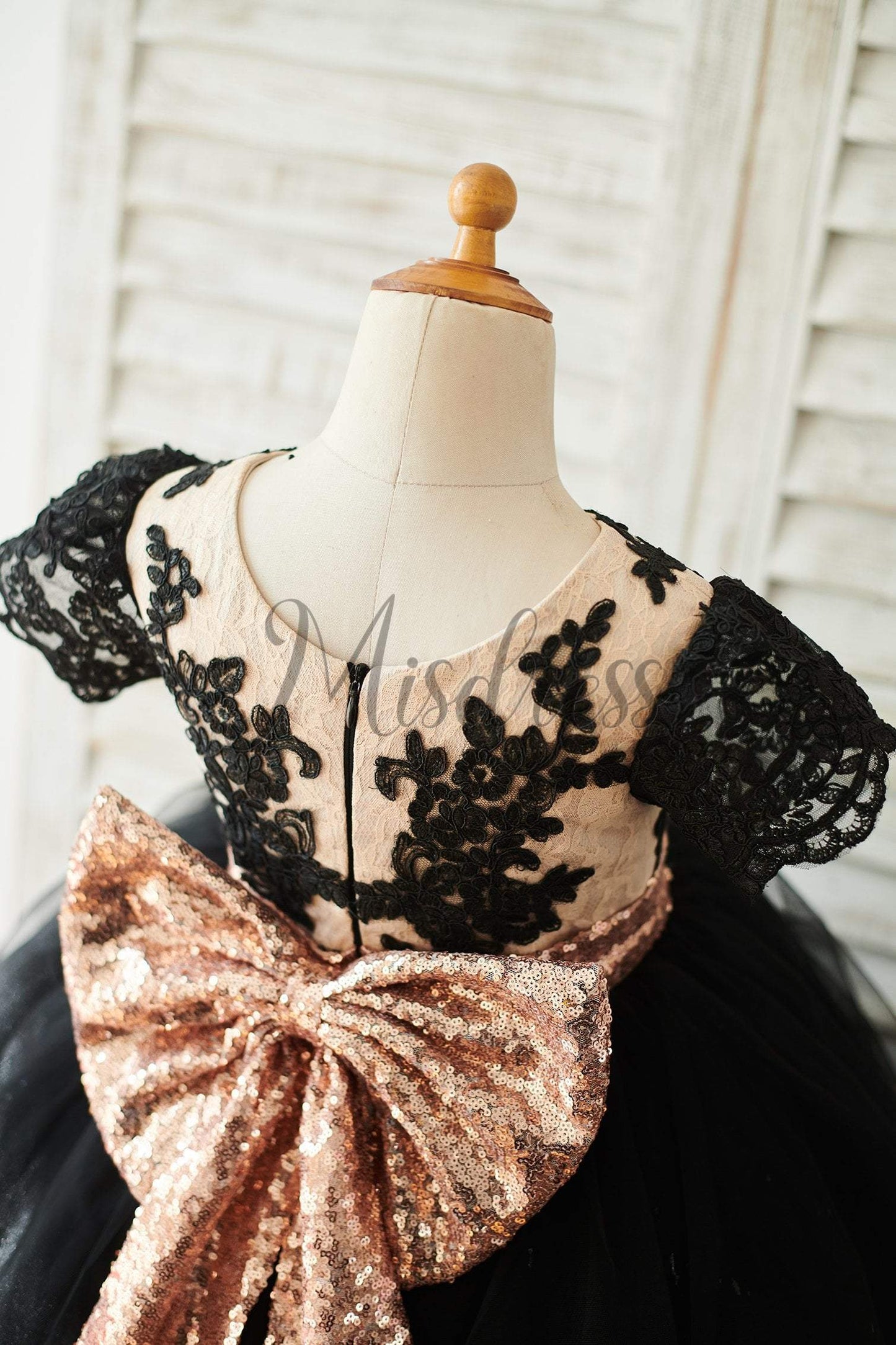 Black Lace Tulle Short Sleeves Wedding Flower Girl Dress With Sequin Bow - Flower Girl Dresses