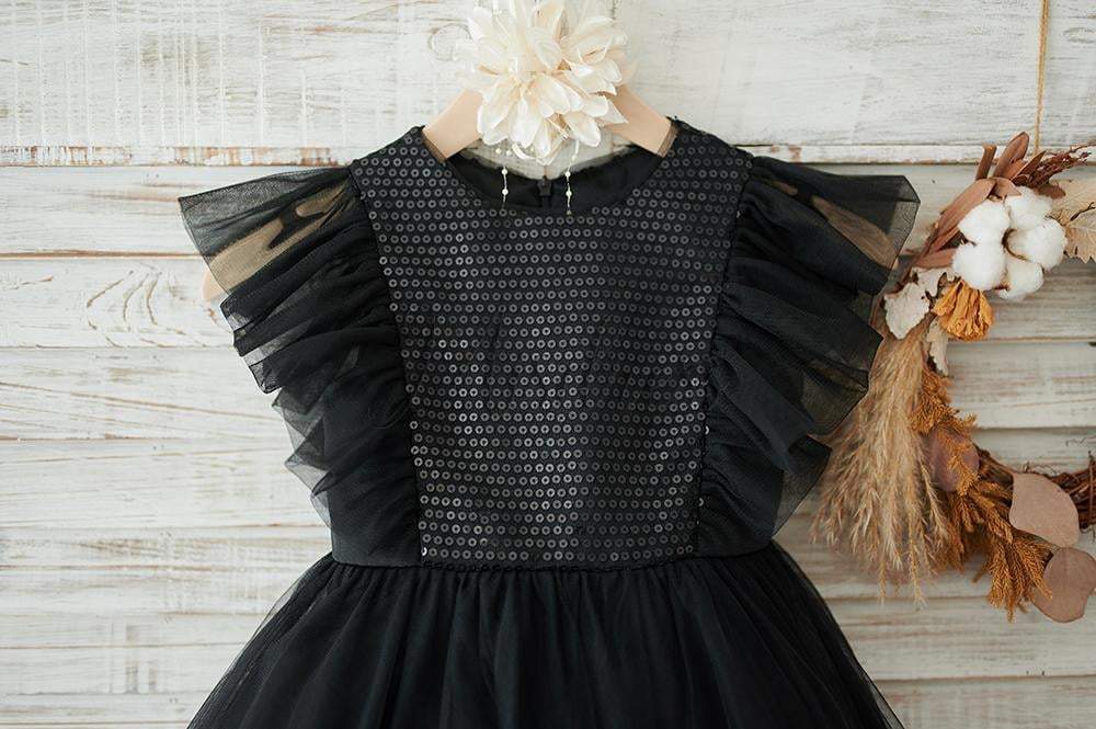 Black Sequin Tulle Ruffle Sleeves Wedding Flower Girl Dress - Flower Girl Dresses