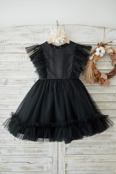 Black Sequin Tulle Ruffle Sleeves Wedding Flower Girl Dress - Flower Girl Dresses