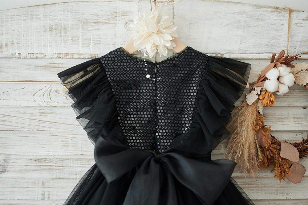Black Sequin Tulle Ruffle Sleeves Wedding Flower Girl Dress - Flower Girl Dresses