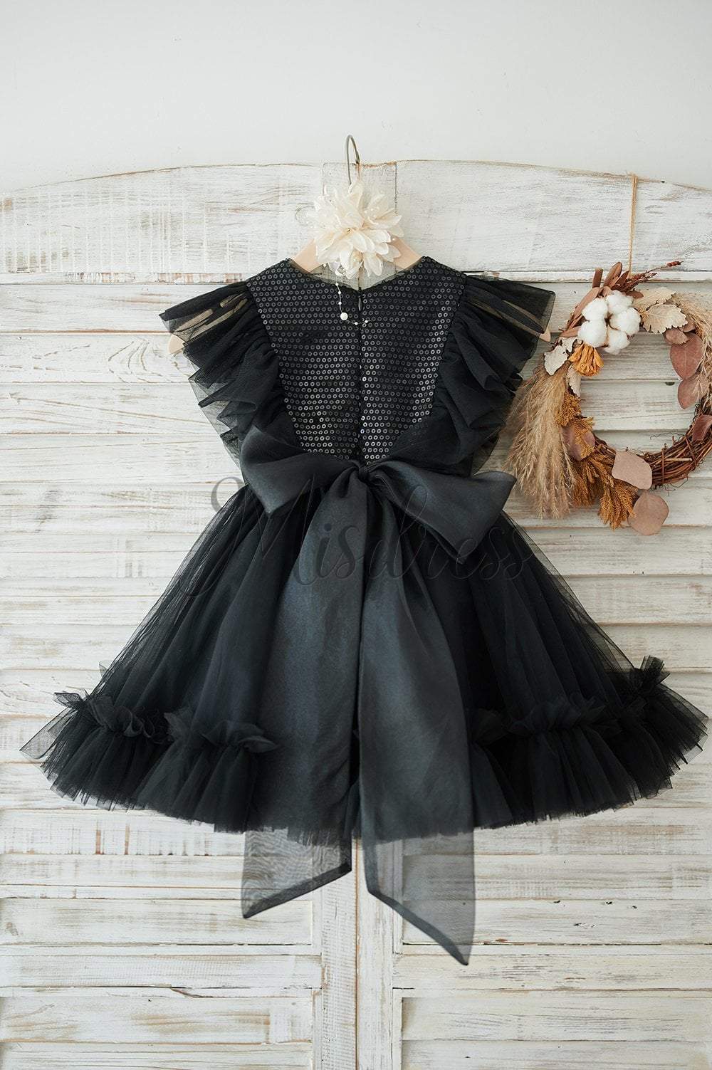 Black Sequin Tulle Ruffle Sleeves Wedding Flower Girl Dress - Flower Girl Dresses