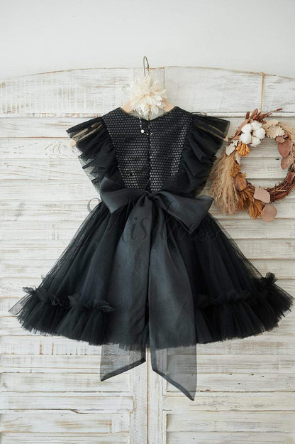 Black Sequin Tulle Ruffle Sleeves Wedding Flower Girl Dress - Flower Girl Dresses