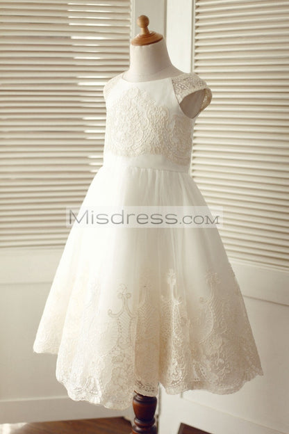 Cap Sleeves Champagne Lace Ivory Tulle Wedding Flower Girl Dress - Flower Girl Dresses