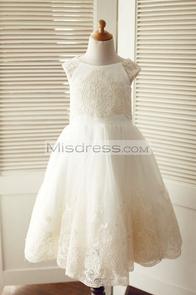 Cap Sleeves Champagne Lace Ivory Tulle Wedding Flower Girl Dress - Flower Girl Dresses