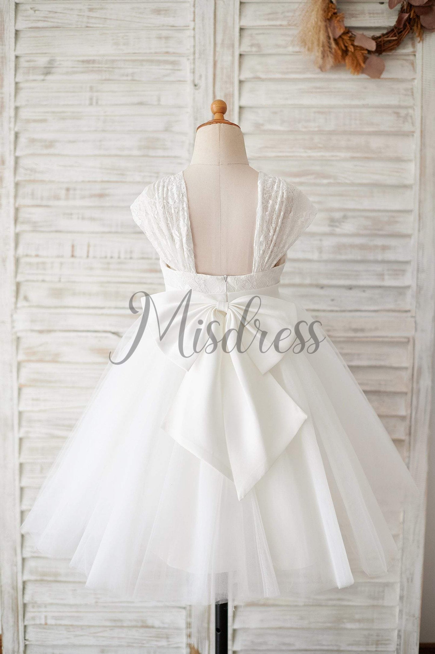 Cap Sleeves Ivory Lace Tulle Wedding Flower Girl Dress with Big Bow - Flower Girl Dresses