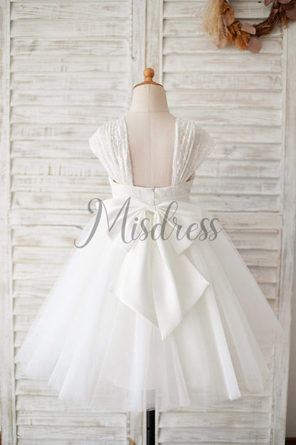 Cap Sleeves Ivory Lace Tulle Wedding Flower Girl Dress with Big Bow - Flower Girl Dresses
